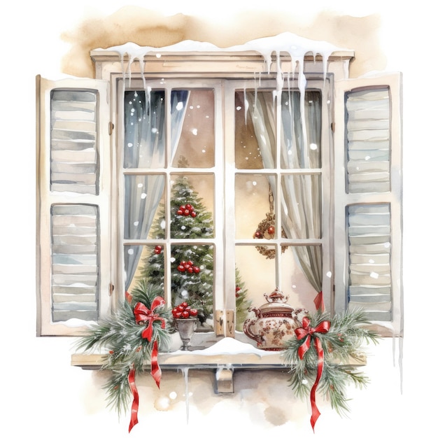 Ilustración en acuarela de una ventana navideña en decoración navideña sobre un fondo blanco