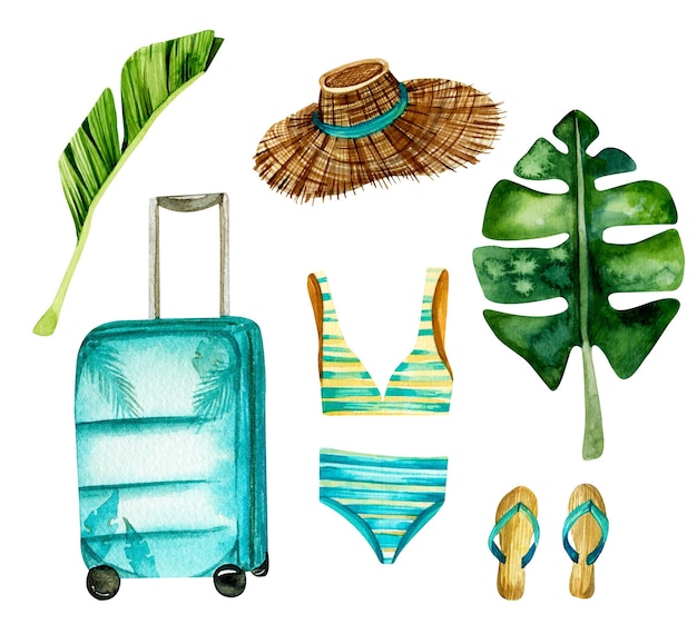 Ilustración de acuarela de verano Conjunto brillante de ropa de playa y elementos de ocio