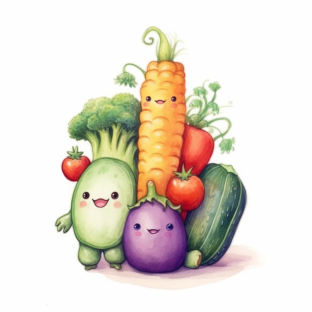 Una ilustración acuarela de verduras y un personaje de dibujos animados sonriente.