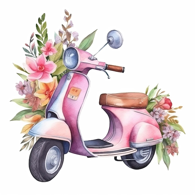 Ilustración acuarela de una vespa con flores.