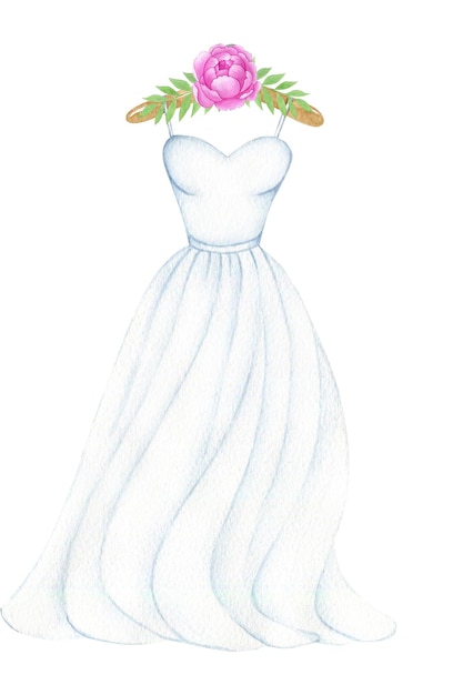 Ilustración acuarela de un vestido blanco de novia
