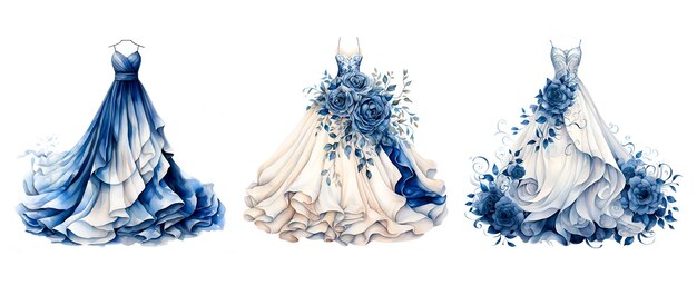 Ilustración en acuarela del vestido de novia de la boda azul marino