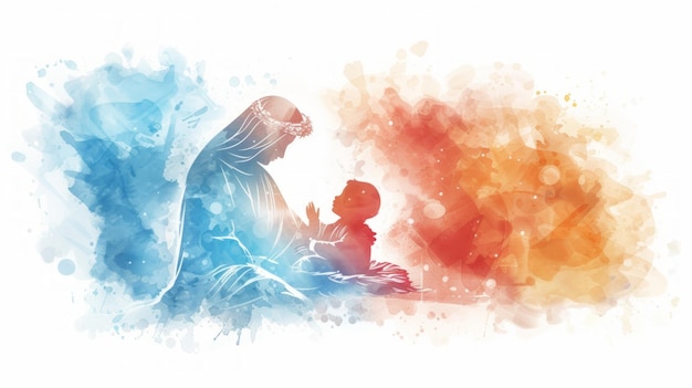 Ilustración en acuarela vibrante de una escena de la Natividad con María y el Niño Jesús IA generativa