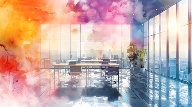 Ilustración en acuarela vibrante de una odisea de espacio de oficina abierto Un concepto fotorrealista para Adobe