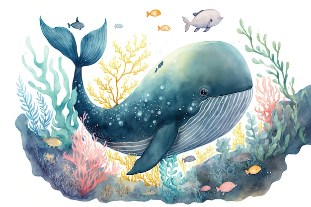 Ilustración acuarela de una vida marina con una ballena adorable en el fondo