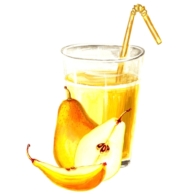 Ilustración acuarela de vidrio amarillo con calabaza de manzana y pera