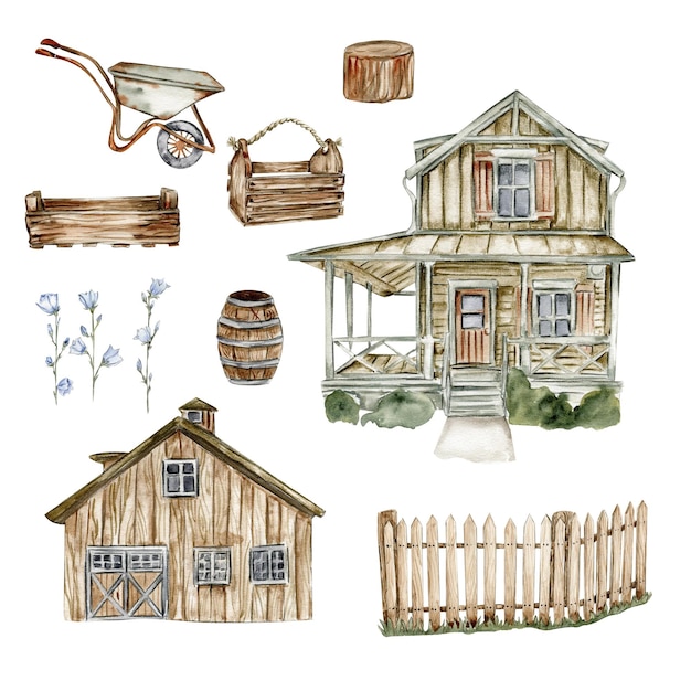 Ilustración en acuarela de una vieja casa de madera y elementos de la granja