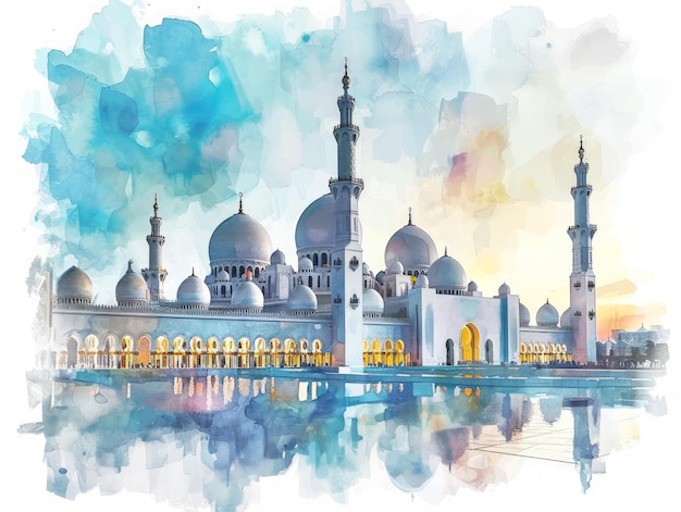 Ilustración en acuarela de la vista nocturna de la Gran Mezquita del Jeque Zayed en Abu Dhabi