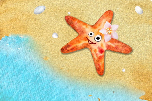 Ilustración acuarela vista superior estrellas de mar arena playa conchas ola azulHermosa postal o fondo