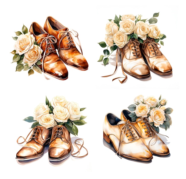 Ilustración en acuarela de zapatos de novio de boda en color dorado