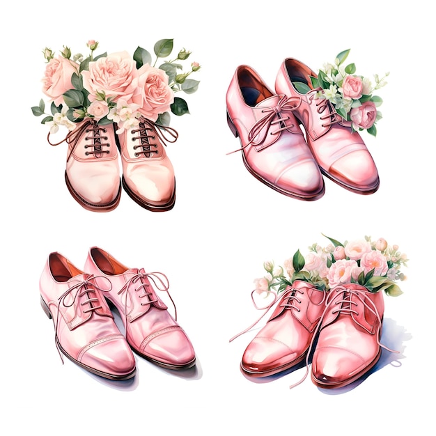 Ilustración en acuarela de zapatos de novio de boda de color rosa