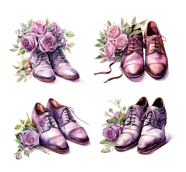 Foto ilustración en acuarela de los zapatos del novio de la boda lavanda