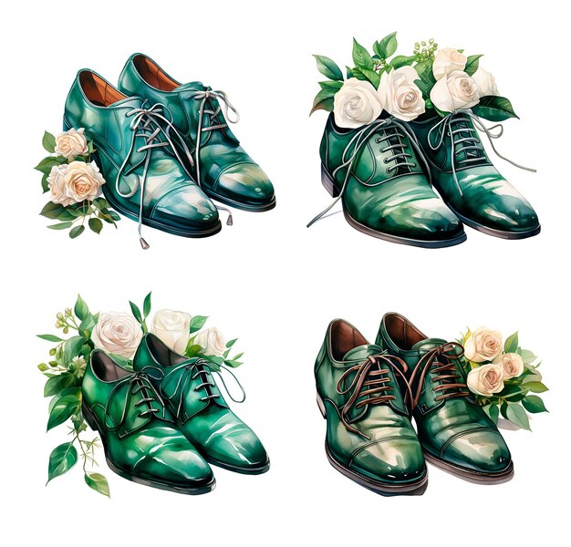 Foto ilustración en acuarela de los zapatos del novio de la boda verde esmeralda