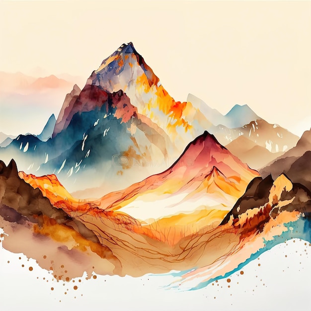 Ilustración acuarela de una zona montañosa en estilo oriental Diseño de papel tapiz Ilustración 3d