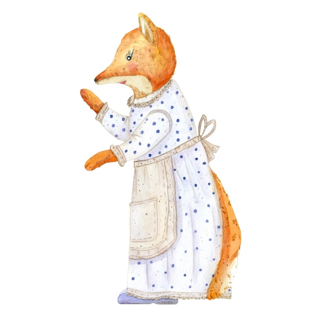Ilustración acuarela de un zorro vestido con un vestido con lunares azules y un delantal blanco