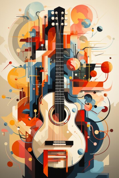 Foto ilustración acústica de guitarra para publicidad gráfica de música creada con tecnología de ia generativa