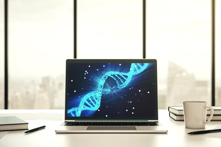 Foto ilustración de adn de luz creativa en monitores de computadora modernos ciencia y concepto de biología renderización 3d
