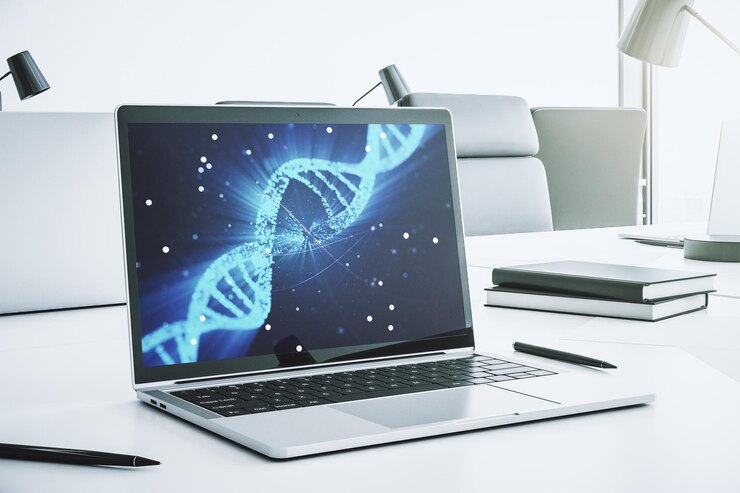 Foto ilustración de adn de luz creativa en monitores de computadora modernos ciencia y concepto de biología renderización 3d