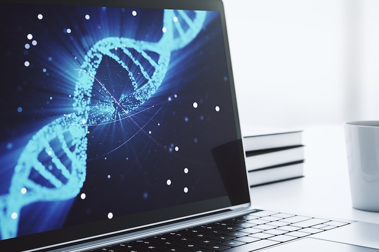 Foto ilustración de adn de luz creativa en monitores de computadora modernos ciencia y concepto de biología renderización 3d