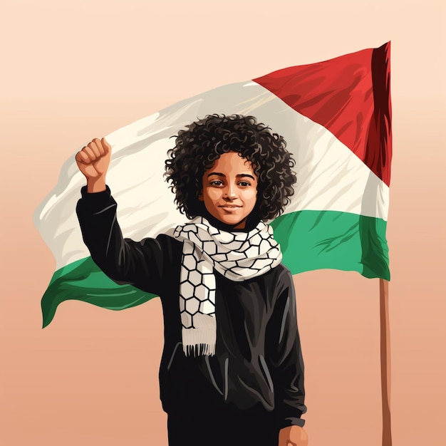 Ilustración de un adolescente y una bandera palestina aislada en el fondo