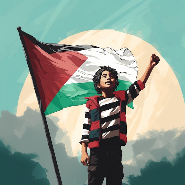 Ilustración de un adolescente y una bandera palestina aislada en el fondo