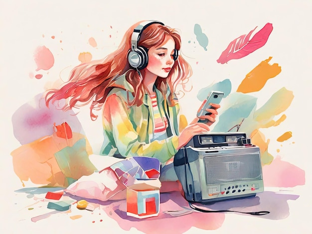Ilustración de una adolescente disfrutando de música con auriculares estilo arte retro estado de ánimo nostálgico