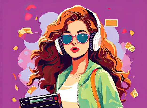 Ilustración de una adolescente disfrutando de música con auriculares estilo arte retro estado de ánimo nostálgico