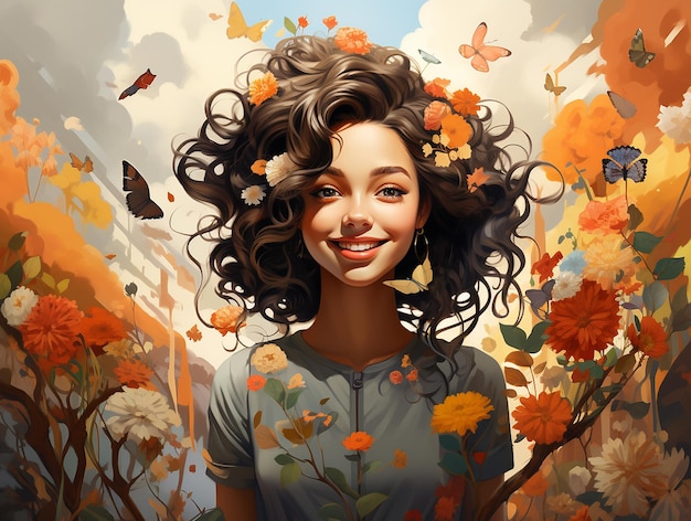 Foto ilustración de una adolescente feliz y sonriente contra un fondo de flores coloridas salud mental en la juventud