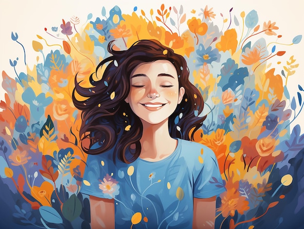 Ilustración de una adolescente sonriente contra el fondo de flores coloridas Salud mental en la juventud