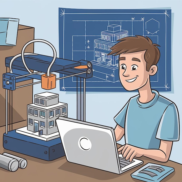 Ilustración de un adolescente usando una computadora portátil e impresora 3D con construcción de modelos y planos