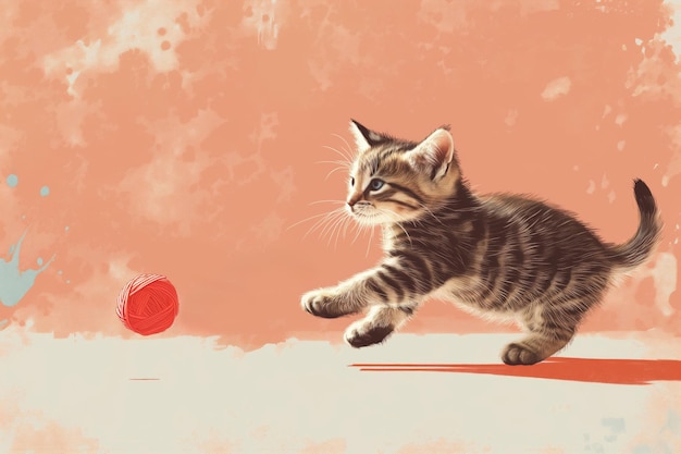 Ilustración adorable de un gatito persiguiendo una bola roja de hilo sobre un fondo lúdico