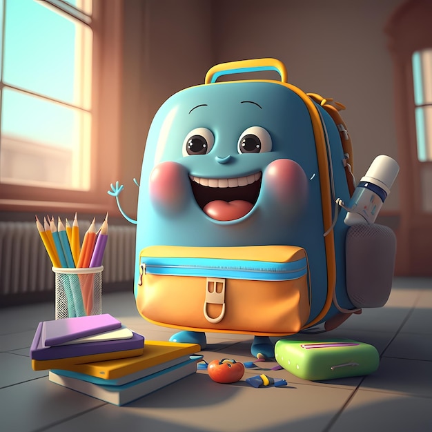 ilustración adorable y linda del bolso de escuela 3d