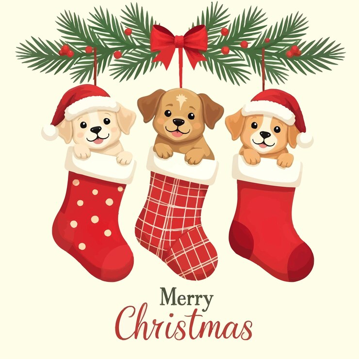 Ilustración de los adorables cachorros de Navidad en medias