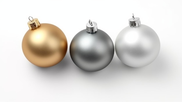 Ilustración de adornos de bolas de Navidad de plata y oro sobre un fondo blanco