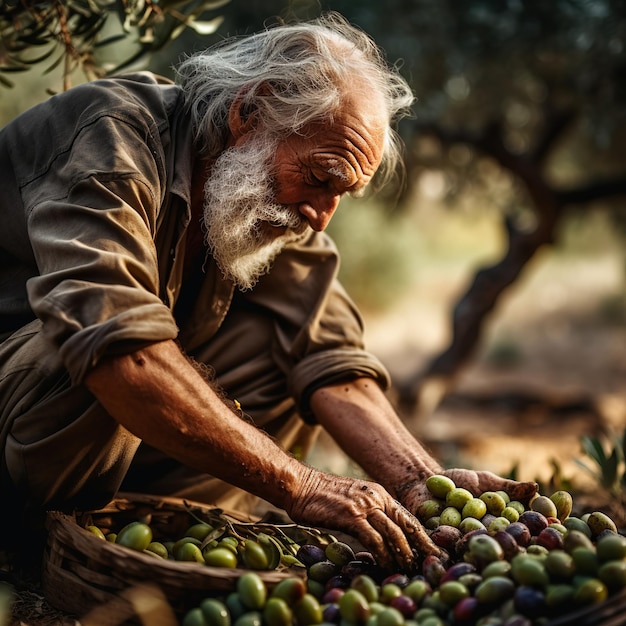 Ilustración del agricultor cosecha aceitunas de los olivos.