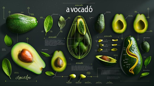 Foto ilustración de aguacate al estilo de un viejo libro de ciencia con infografías