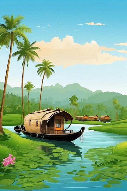 Foto ilustración de las aguas remotas de kerala alleppey houseboat y estación de colina ai generado