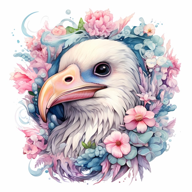 una ilustración de un águila con flores y un pájaro en el fondo.