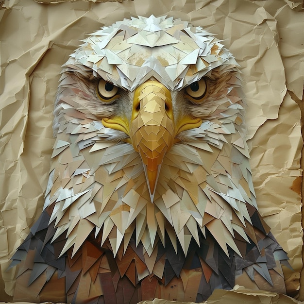 Ilustración de un águila hecha de papel arrugado