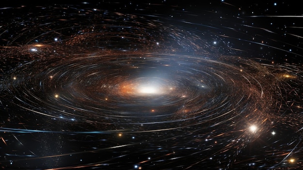 Una ilustración de un agujero negro supermasivo en el centro de una galaxia rodeado por una red compleja