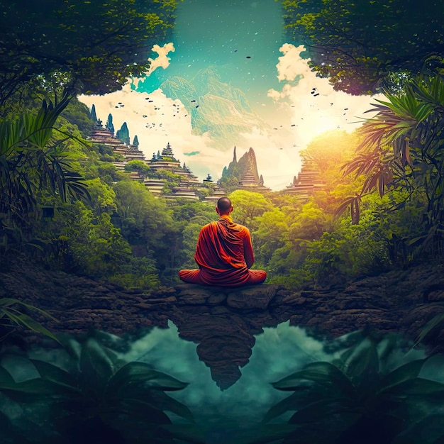 Ilustración AI de un monje budista meditando en el bosque