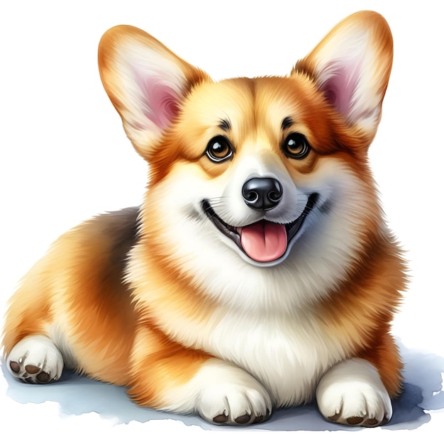 Foto ilustración aislada en acuarela de un lindo perro welsh corgi sobre un fondo blanco