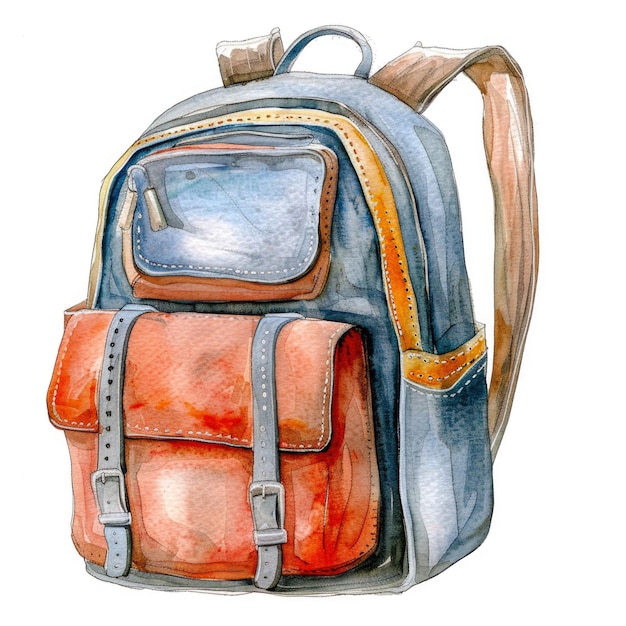 Ilustración aislada en acuarela de una mochila azul y marrón para estudiantes o turistas
