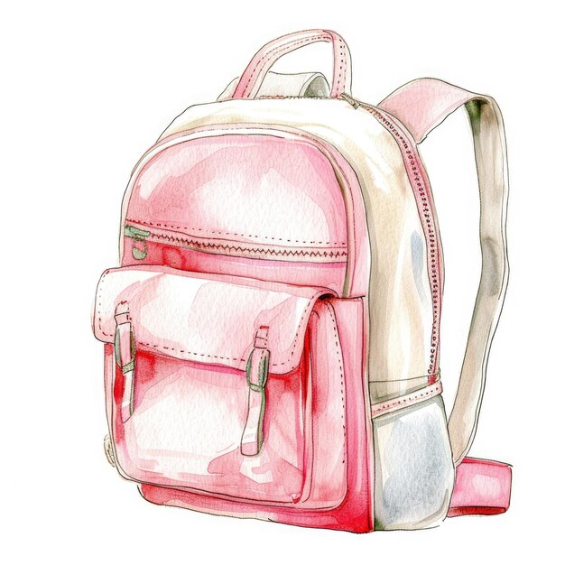 Ilustración aislada en acuarela de una mochila blanca y rosa para estudiantes o turistas