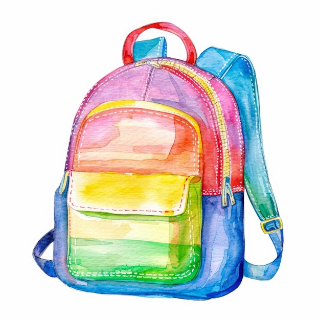 Ilustración aislada en acuarela de una mochila de color con gradiente multicolor para estudiantes o turistas