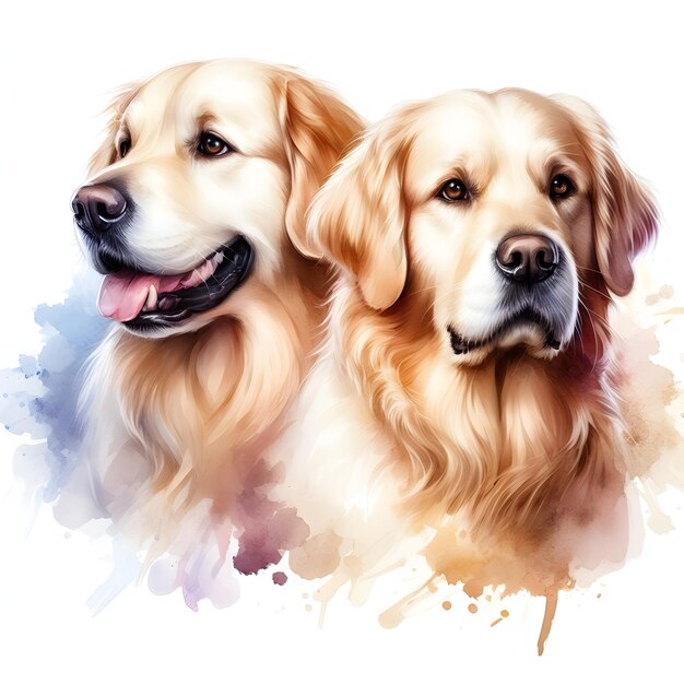 Foto ilustración aislada en acuarela de simpáticos perros golden retriever en un fondo blanco