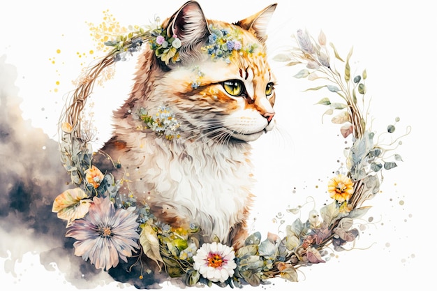 Foto ilustración aislada hiper detallada de un gato floral