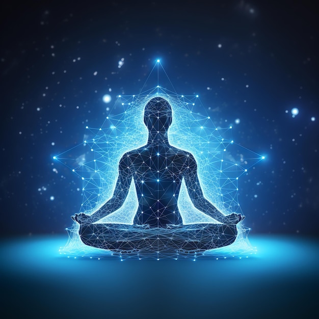 Ilustración aislada del ícono de la postura del loto de yoga en forma de conexión neuronal azul