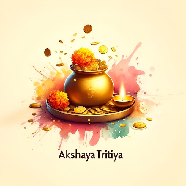 Foto ilustración para akshaya tritiya con olla con monedas de oro y decoración con salpicaduras de acuarela