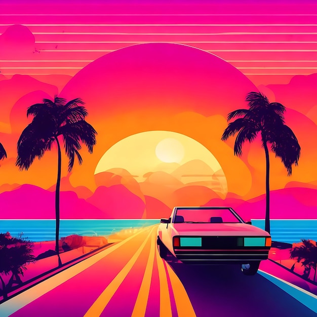 Ilustración al estilo de los años 80 con conducción de automóviles hacia la puesta de sol IA generativa